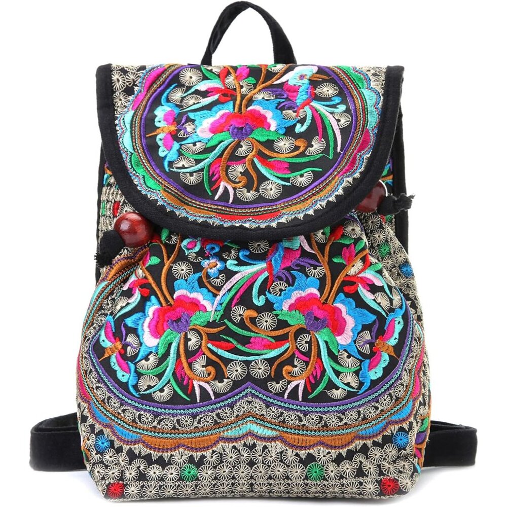 Vintage Embroidered Mini Backpack For Women - Ethnic Style Handbag, 9.8x8.2x3.9